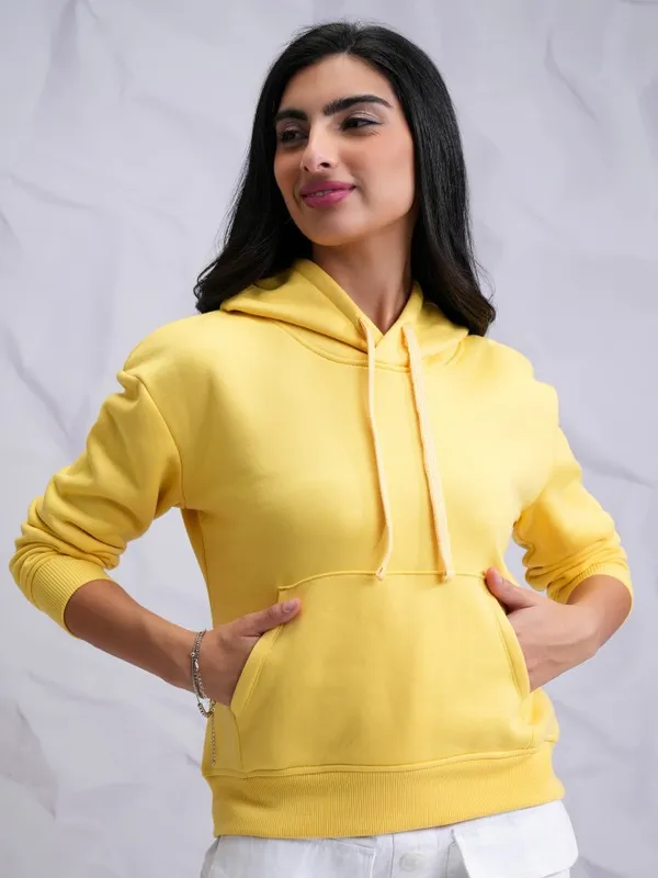  Tokyo Talkies Women Yellow Solid Pullover Hood Sweatshirts