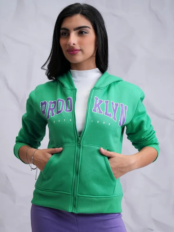  Tokyo Talkies Women Green Printed Front-Open Hood Sweatshirts