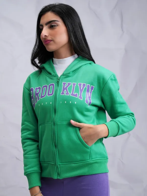  Tokyo Talkies Women Green Printed Front-Open Hood Sweatshirts