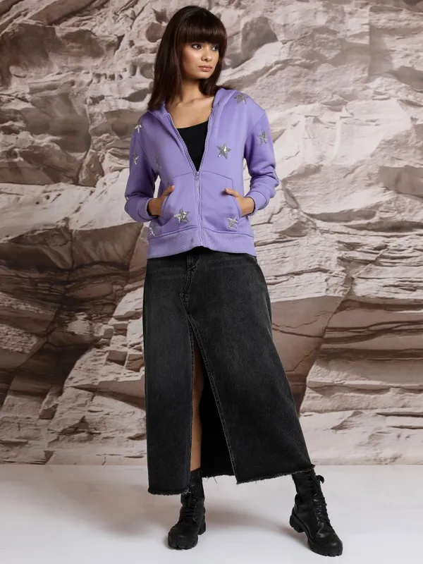  Tokyo Talkies Women Purple Printed Front-Open Hood Sweatshirts