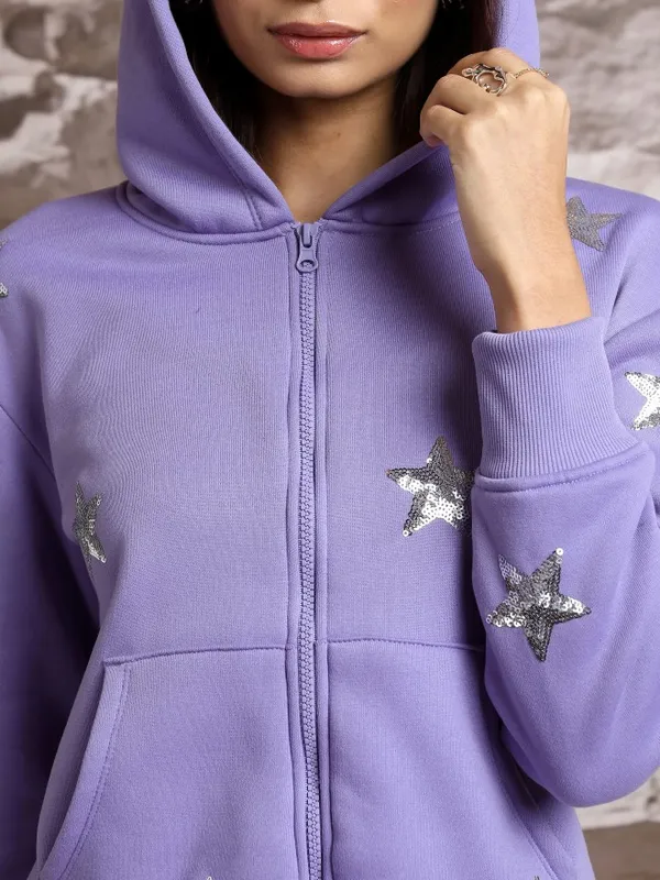  Tokyo Talkies Women Purple Printed Front-Open Hood Sweatshirts