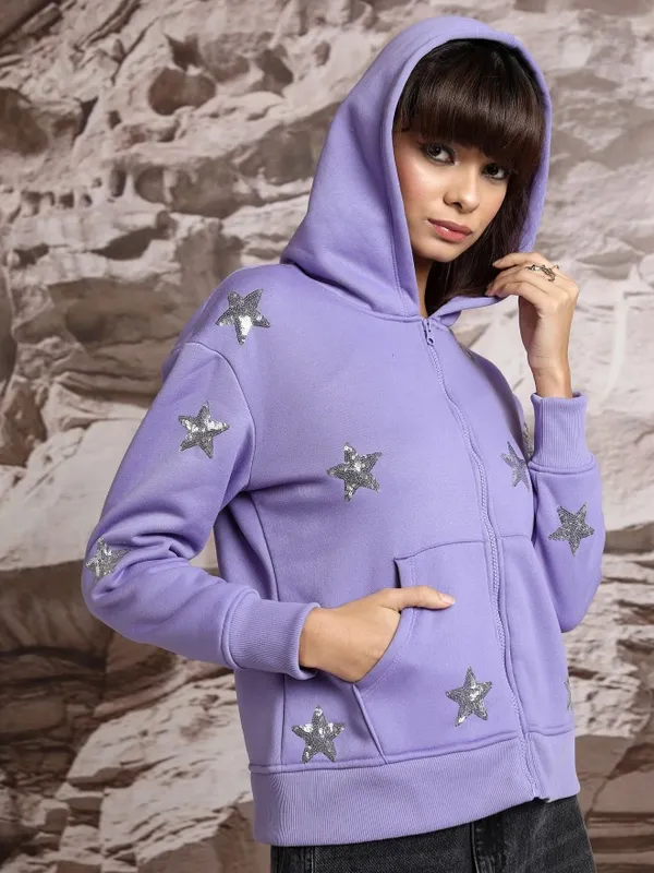  Tokyo Talkies Women Purple Printed Front-Open Hood Sweatshirts