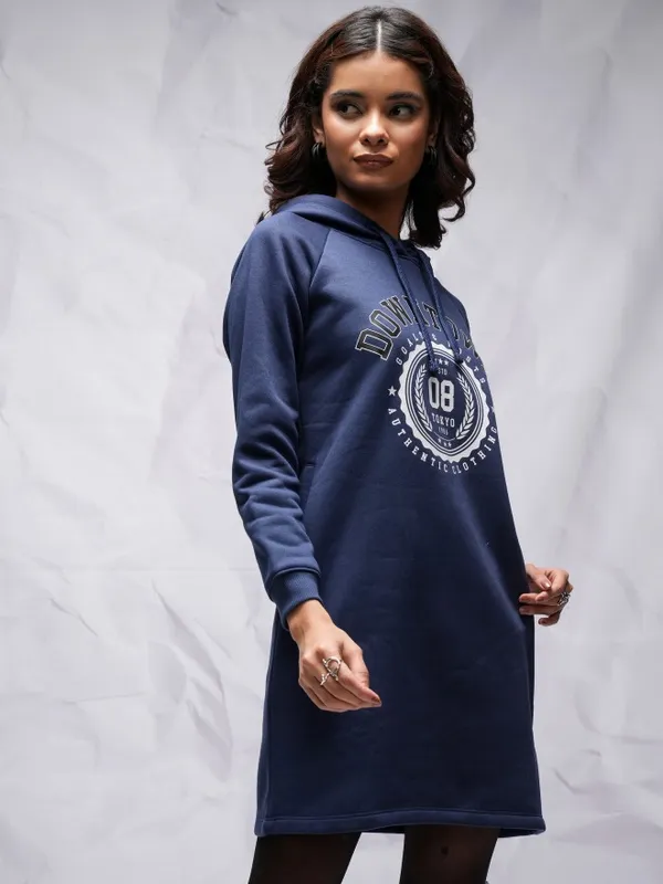  Tokyo Talkies Women Navy Blue Printed Pullover Hood Sweatshirts