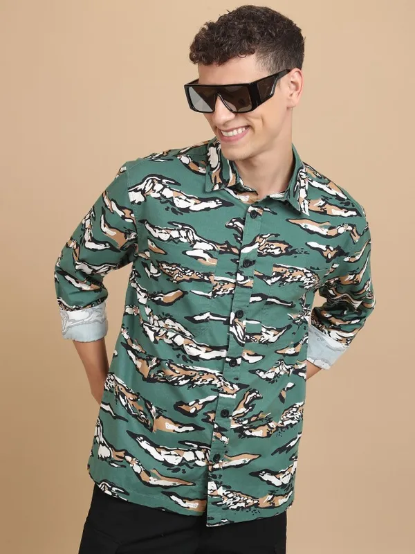  Ketch Men Green Printed Slim Fit Casual Shirts