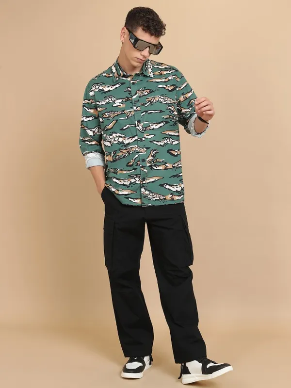  Ketch Men Green Printed Slim Fit Casual Shirts