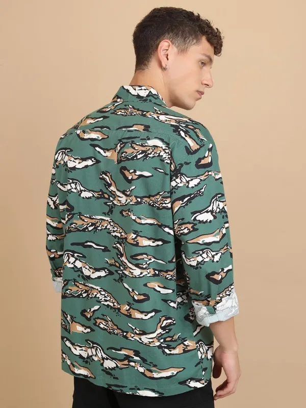  Ketch Men Green Printed Slim Fit Casual Shirts