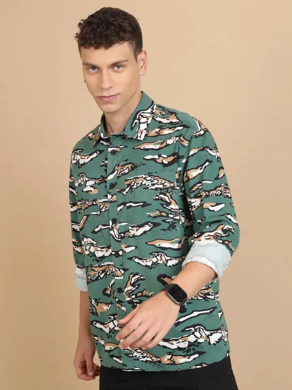  Ketch Men Green Printed Slim Fit Casual Shirts