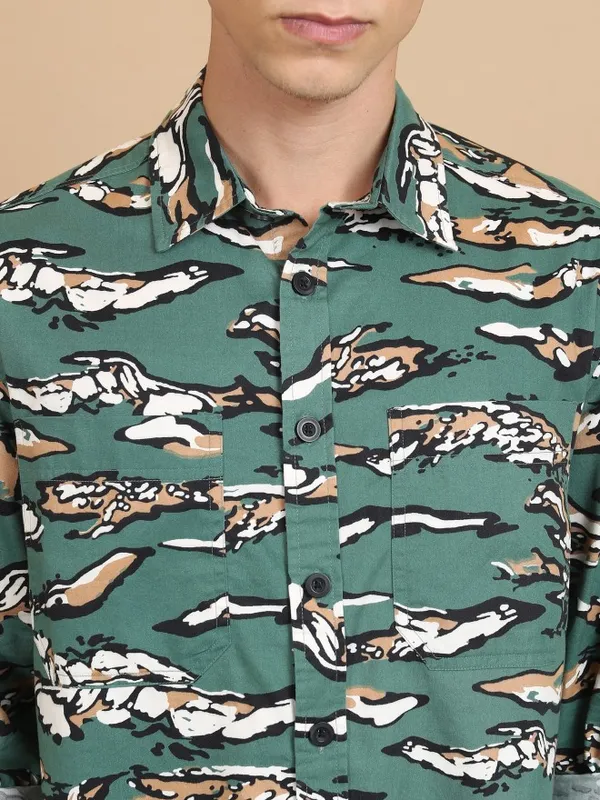  Ketch Men Green Printed Slim Fit Casual Shirts