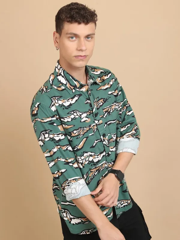  Ketch Men Green Printed Slim Fit Casual Shirts