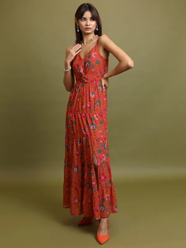 Tokyo Talkies Women Orange Printed Maxi Dress