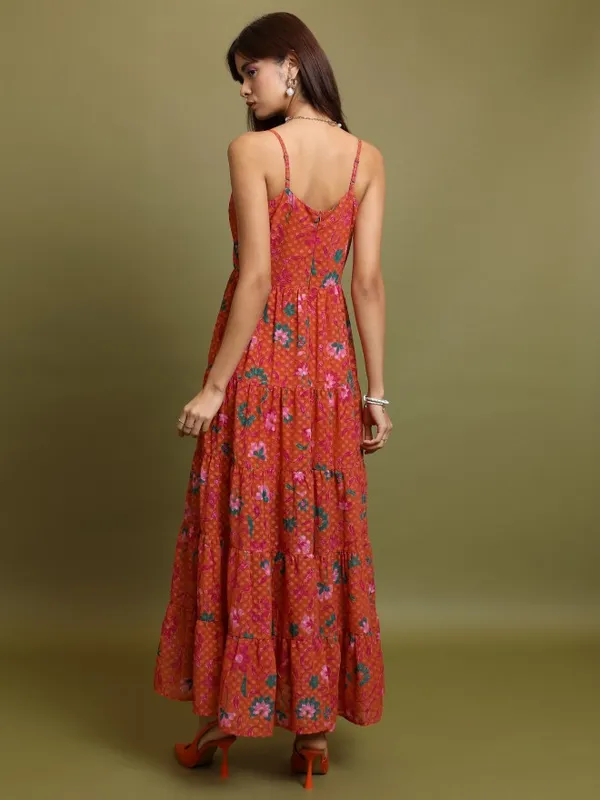 Tokyo Talkies Women Orange Printed Maxi Dress