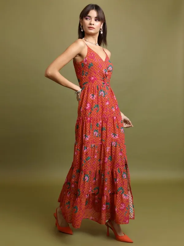 Tokyo Talkies Women Orange Printed Maxi Dress