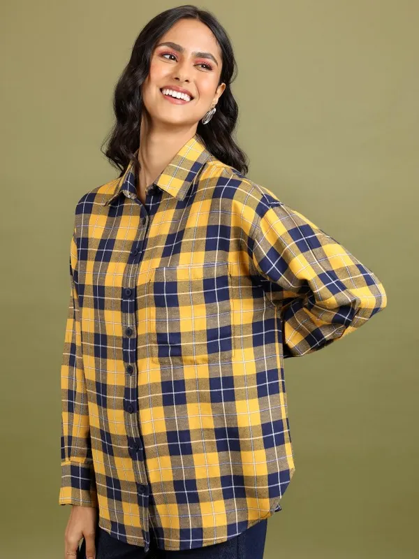  Tokyo Talkies Women Mustard Checked Casual Shirts