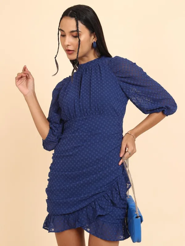 Tokyo Talkies Women Navy Blue Self Design Wrap Dress