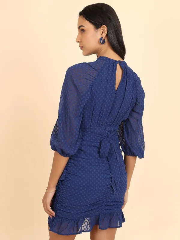 Tokyo Talkies Women Navy Blue Self Design Wrap Dress