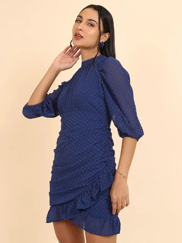 Tokyo Talkies Women Navy Blue Self Design Wrap Dress