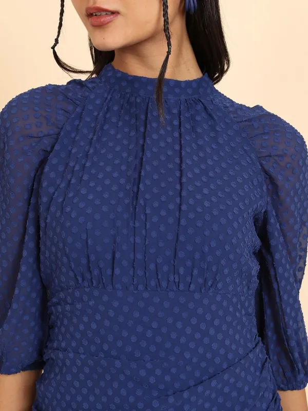 Tokyo Talkies Women Navy Blue Self Design Wrap Dress