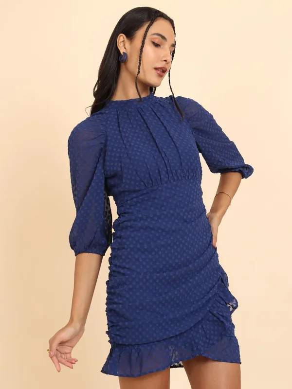 Tokyo Talkies Women Navy Blue Self Design Wrap Dress