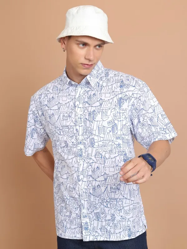  Highlander Men White Printed Oversized Fit Casual Shirts