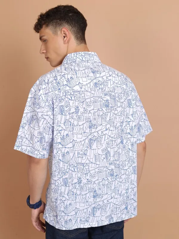  Highlander Men White Printed Oversized Fit Casual Shirts