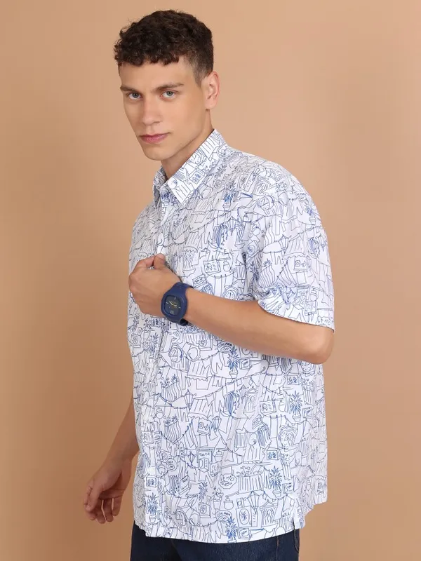  Highlander Men White Printed Oversized Fit Casual Shirts