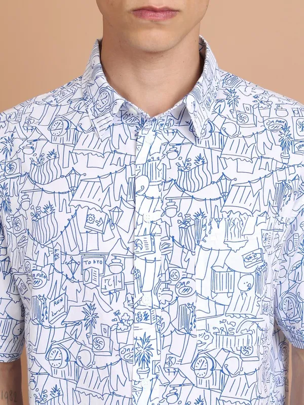  Highlander Men White Printed Oversized Fit Casual Shirts