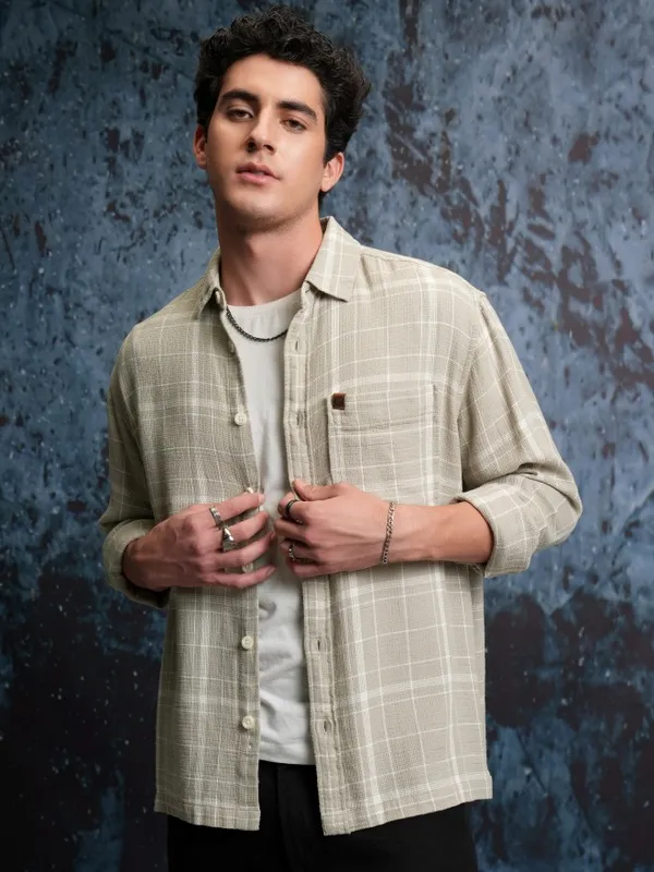  Locomotive Men Grey Checked Oversized Fit Casual Shirts