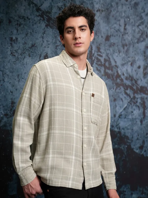  Locomotive Men Grey Checked Oversized Fit Casual Shirts