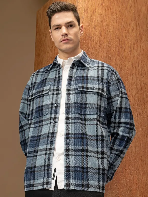  Locomotive Men Blue Checked Oversized Fit Casual Shirts