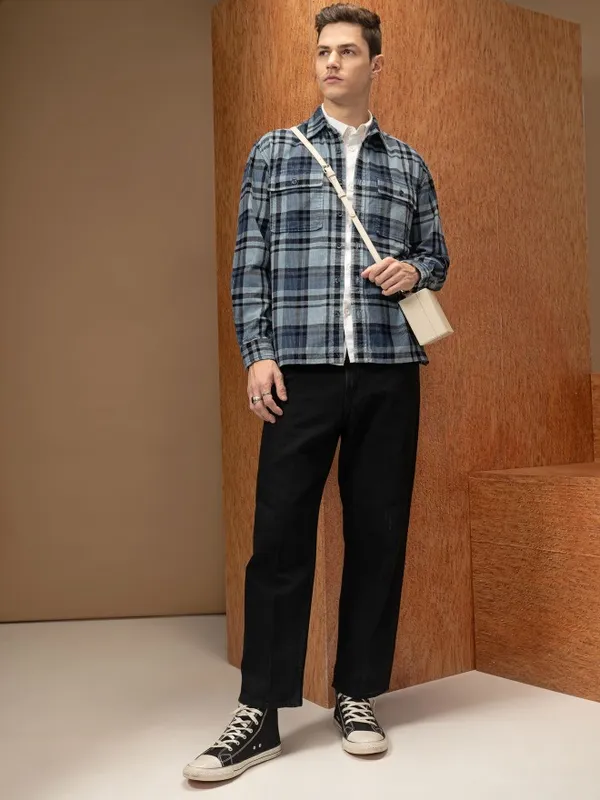  Locomotive Men Blue Checked Oversized Fit Casual Shirts