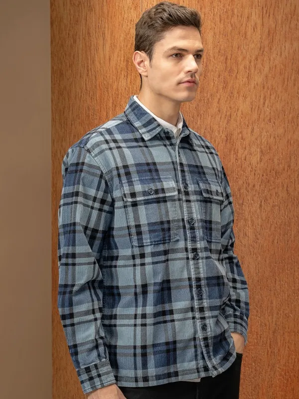  Locomotive Men Blue Checked Oversized Fit Casual Shirts