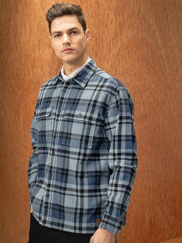  Locomotive Men Blue Checked Oversized Fit Casual Shirts