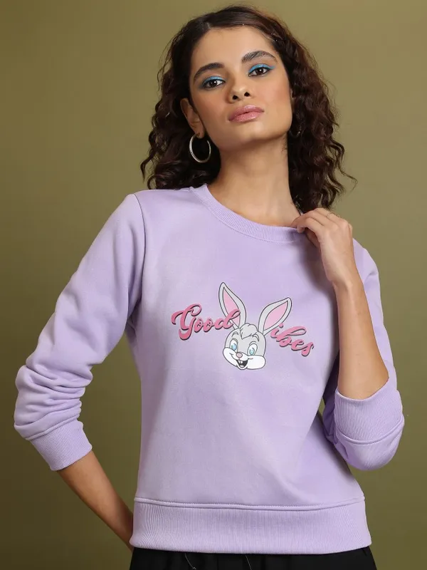  Tokyo Talkies Women Purple Printed Pullover Round Neck Sweatshirts
