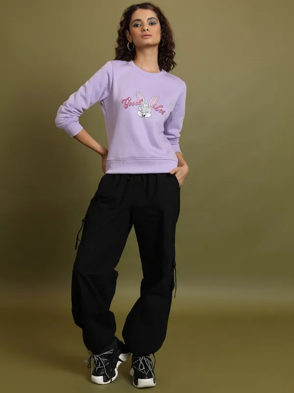  Tokyo Talkies Women Purple Printed Pullover Round Neck Sweatshirts