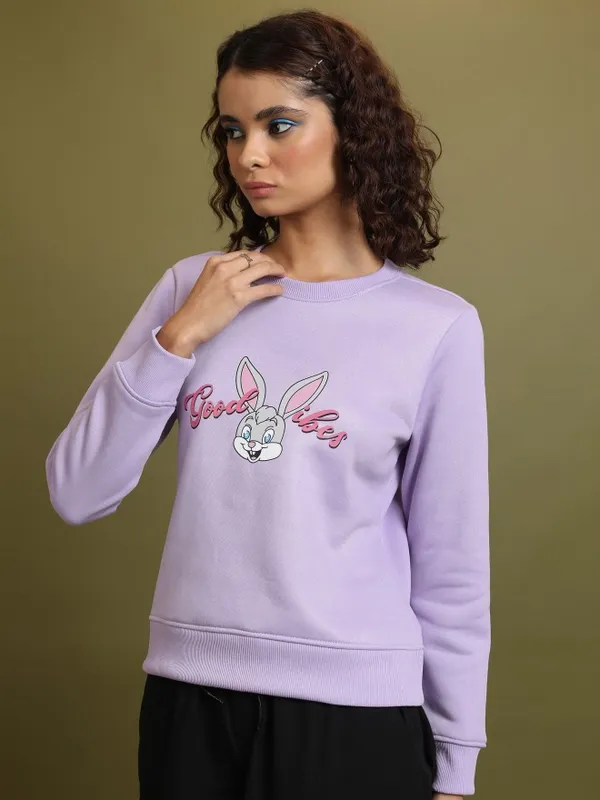  Tokyo Talkies Women Purple Printed Pullover Round Neck Sweatshirts