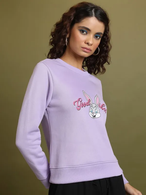  Tokyo Talkies Women Purple Printed Pullover Round Neck Sweatshirts