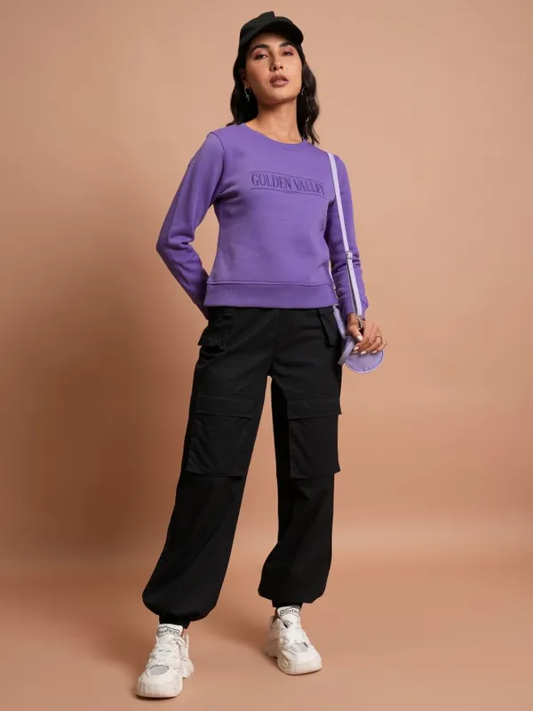  Tokyo Talkies Women Purple Embroidered Pullover Round Neck Sweatshirts