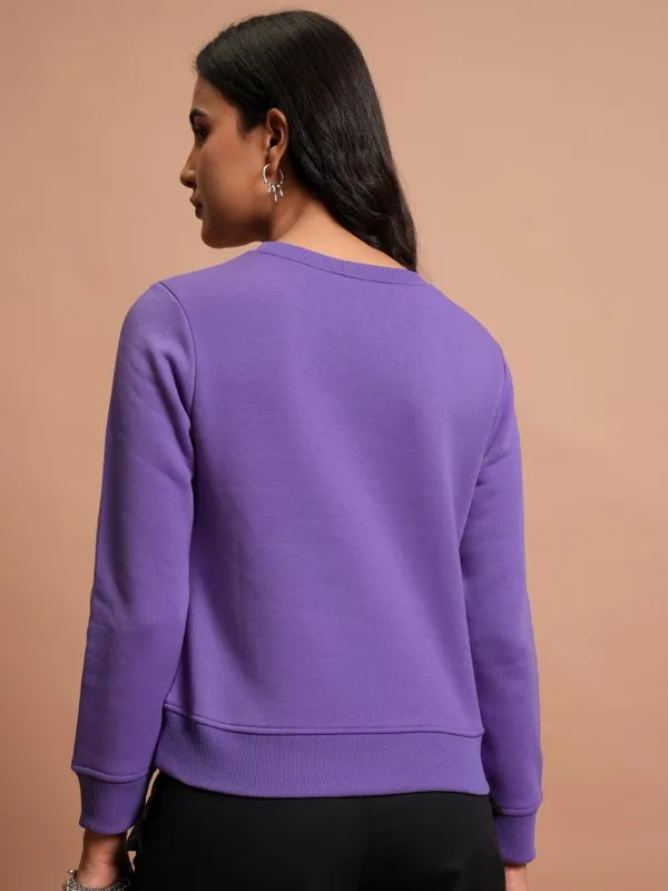  Tokyo Talkies Women Purple Embroidered Pullover Round Neck Sweatshirts