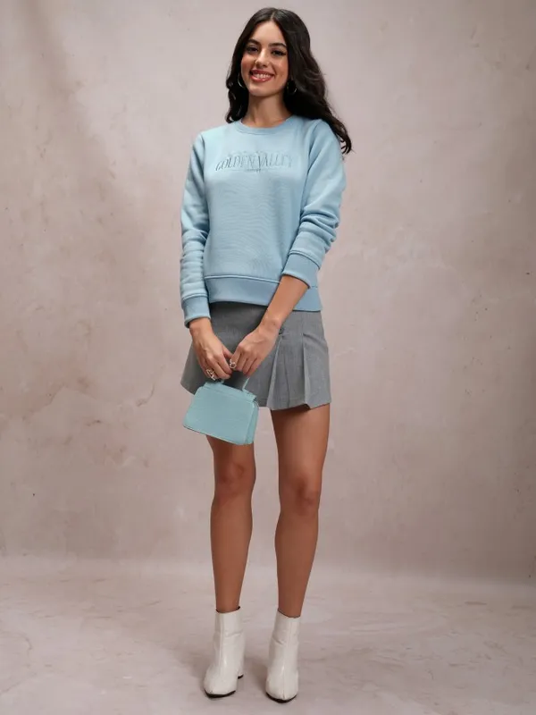  Tokyo Talkies Women Blue Self Design Pullover Round Neck Sweatshirts