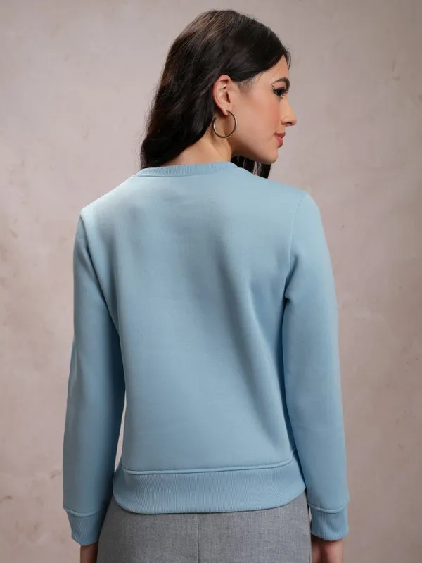  Tokyo Talkies Women Blue Self Design Pullover Round Neck Sweatshirts