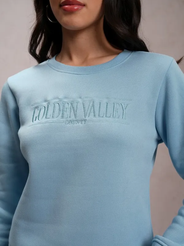  Tokyo Talkies Women Blue Self Design Pullover Round Neck Sweatshirts