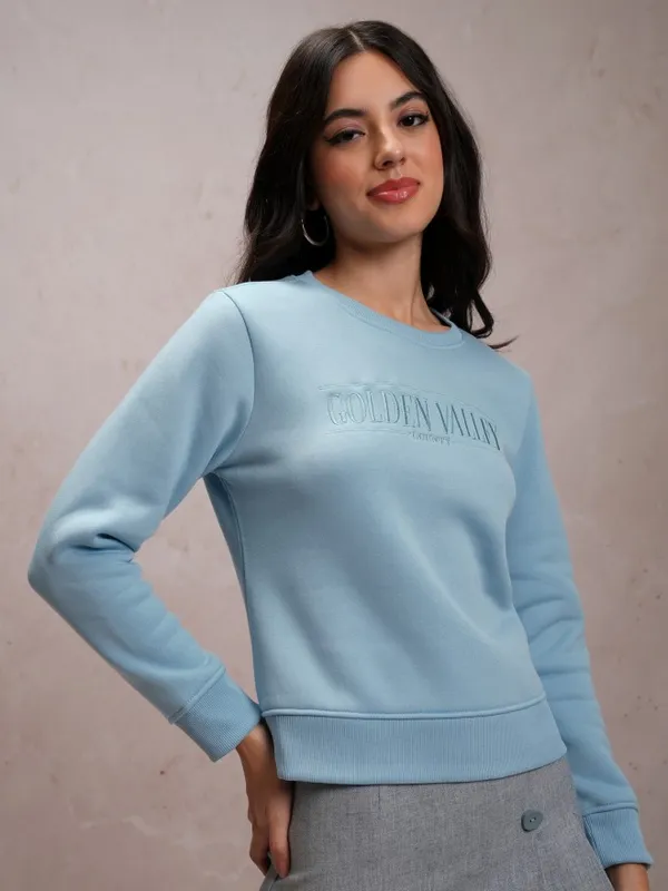  Tokyo Talkies Women Blue Self Design Pullover Round Neck Sweatshirts
