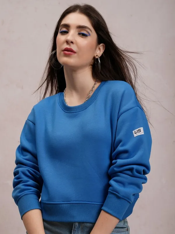  Tokyo Talkies Women Blue Solid Pullover Round Neck Sweatshirts