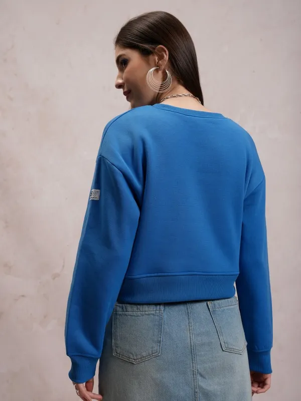  Tokyo Talkies Women Blue Solid Pullover Round Neck Sweatshirts