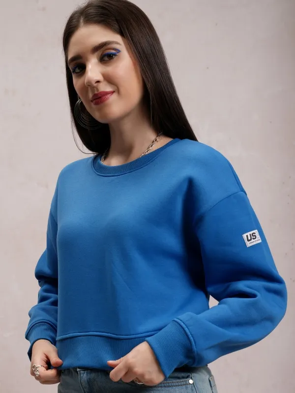  Tokyo Talkies Women Blue Solid Pullover Round Neck Sweatshirts