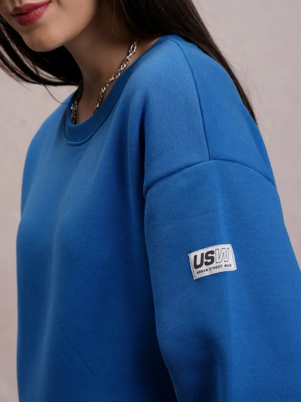  Tokyo Talkies Women Blue Solid Pullover Round Neck Sweatshirts