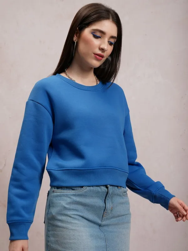  Tokyo Talkies Women Blue Solid Pullover Round Neck Sweatshirts