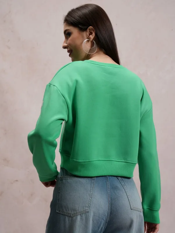  Tokyo Talkies Women Green Solid Pullover Round Neck Sweatshirts