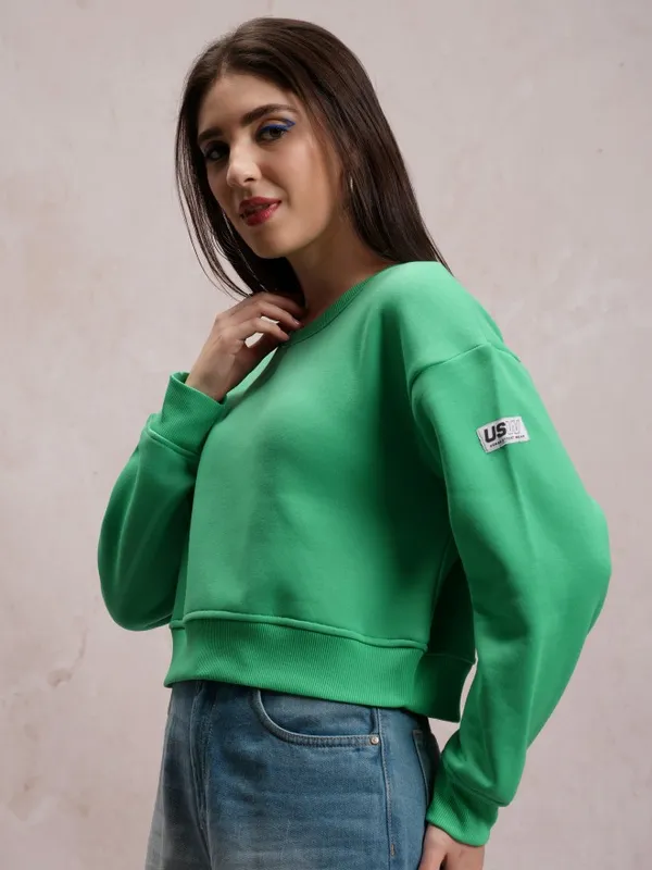  Tokyo Talkies Women Green Solid Pullover Round Neck Sweatshirts