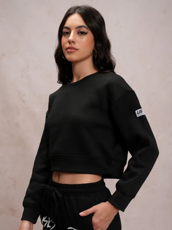  Tokyo Talkies Women Black Solid Pullover Round Neck Sweatshirts